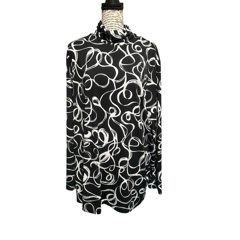 Susan Graver Top Womens Size 2X Plus Black White High Neck Stretch Long Sleeve